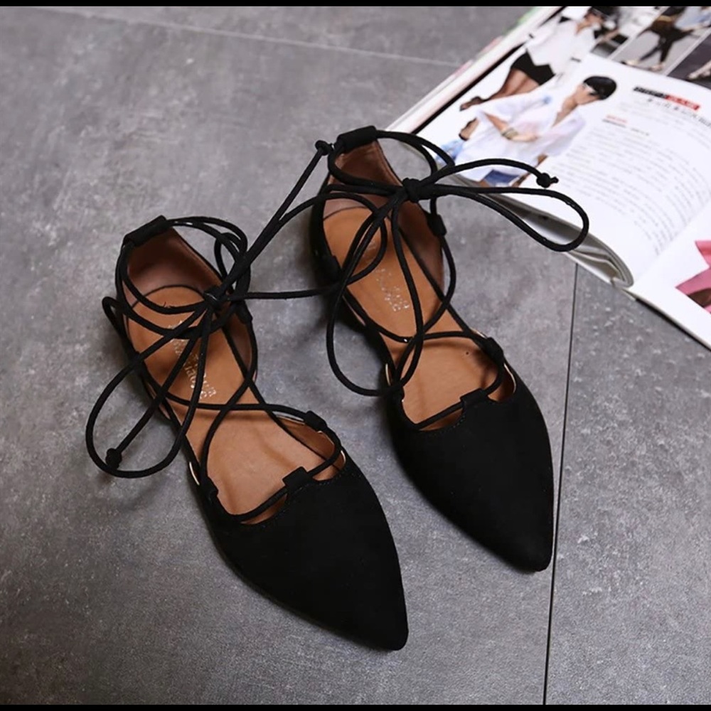 Women Black Lace Up Flats